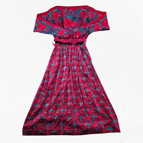 Vintage 80s Halston III Silk Floral Plaid Dress Red Pink Teal Belted Midi Size 4 - Picture 2 of 16